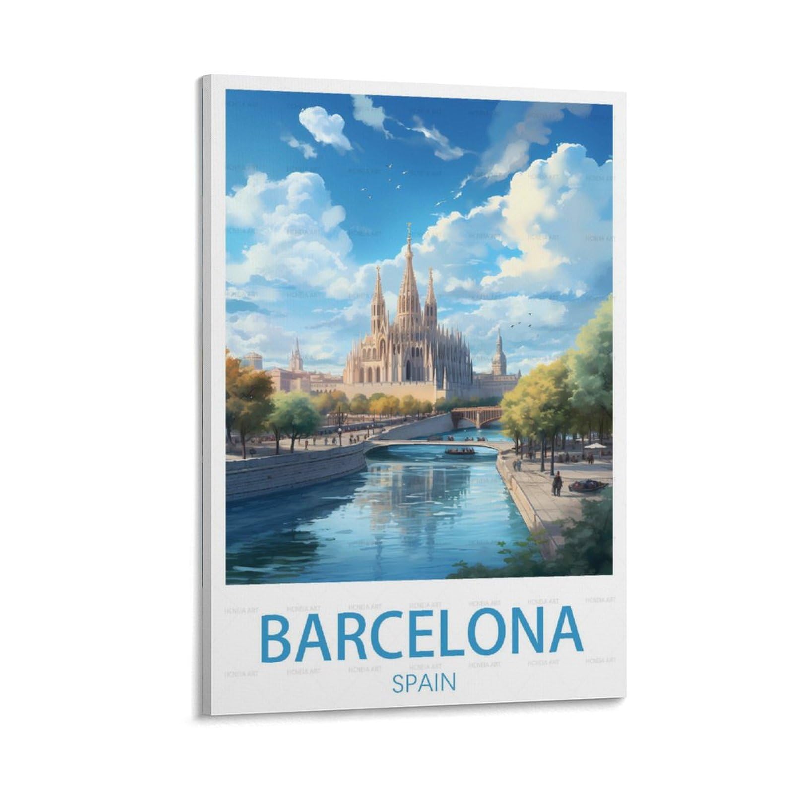 Carte Postale For Sale Avec L'œuvre « Affiche De Voyage De La Cathédrale De Barcelone En Espagne » De L'artiste Jornvanhezik