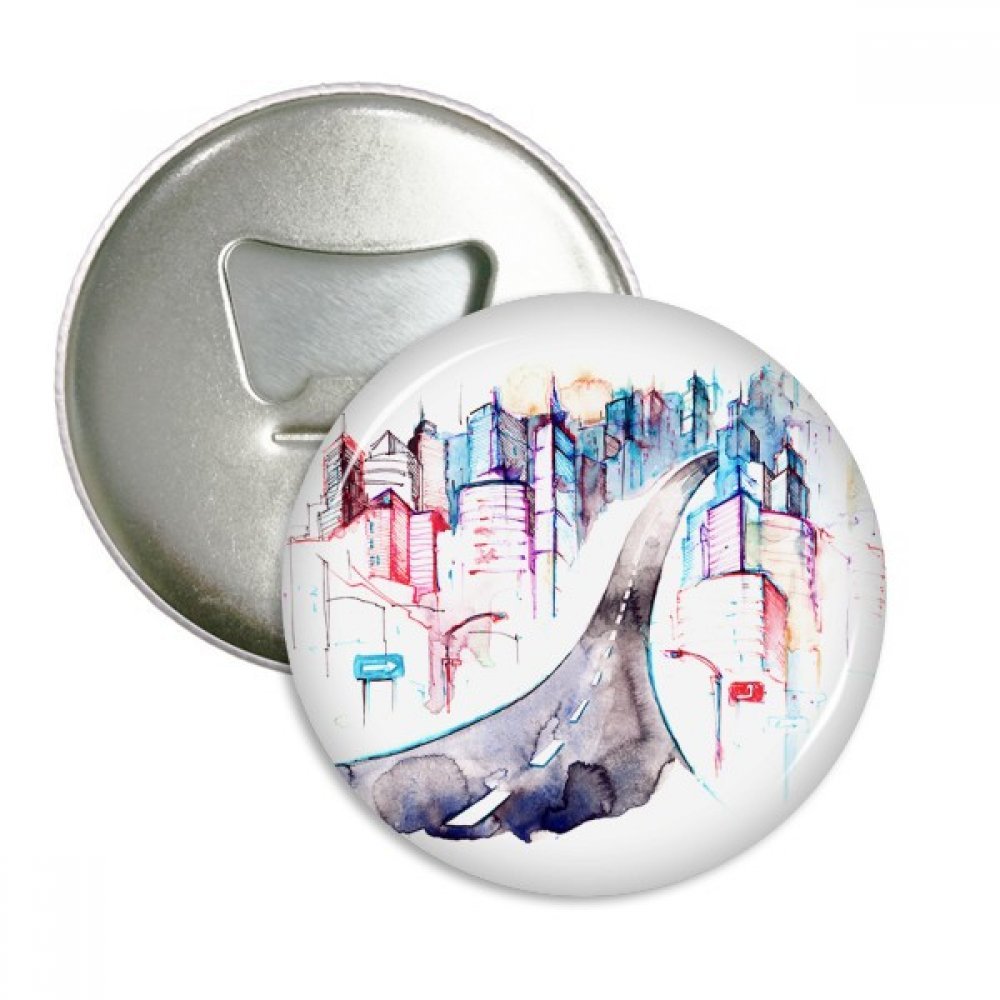 Badge aquarelle route et décapsuleur aimanté pour apéritif urbain