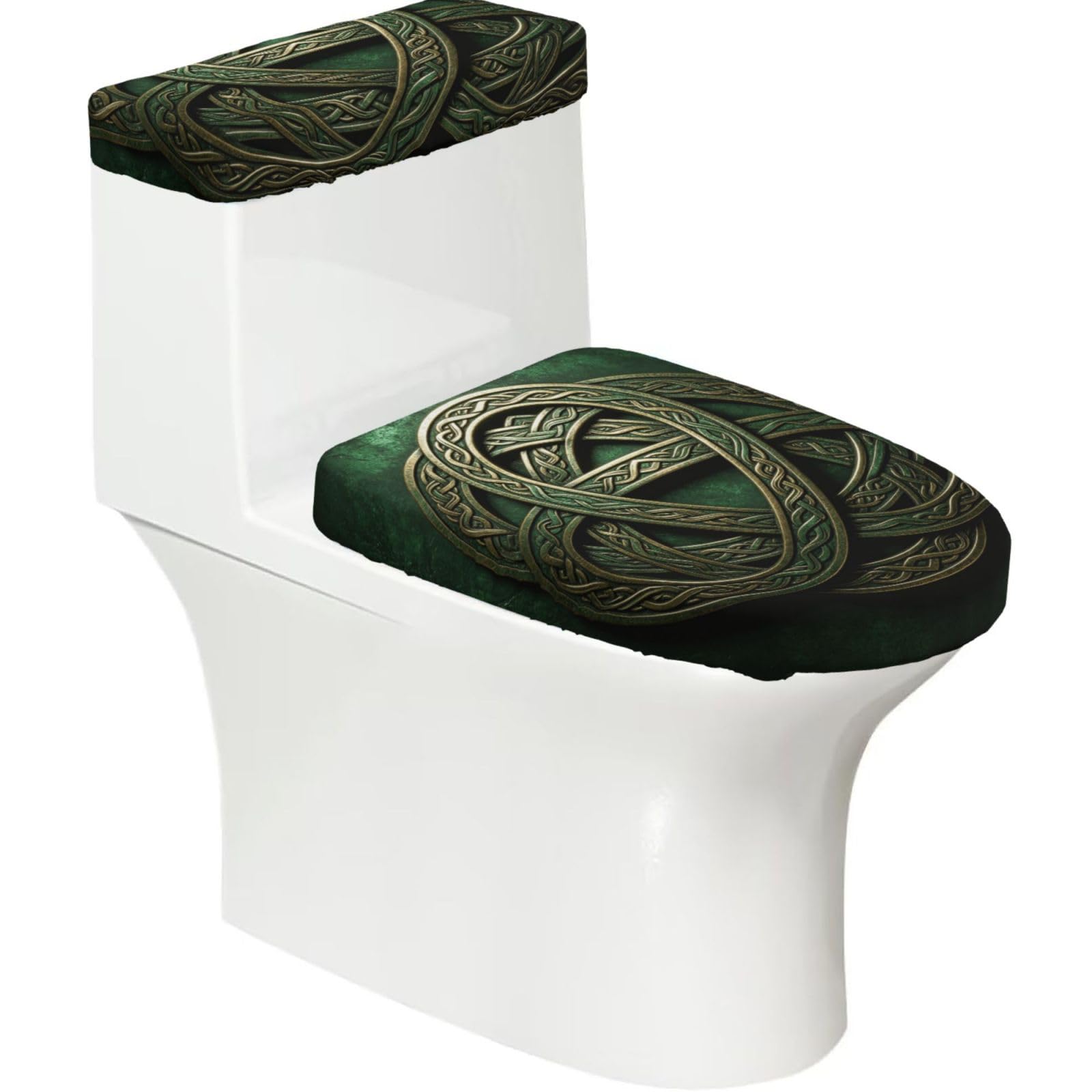 Celtic Knot Elastic Toilet Cover Set of 2-Stretchy Lid and Tank Covers for Bathroom, Soft Washable U Shape Toilet Decor