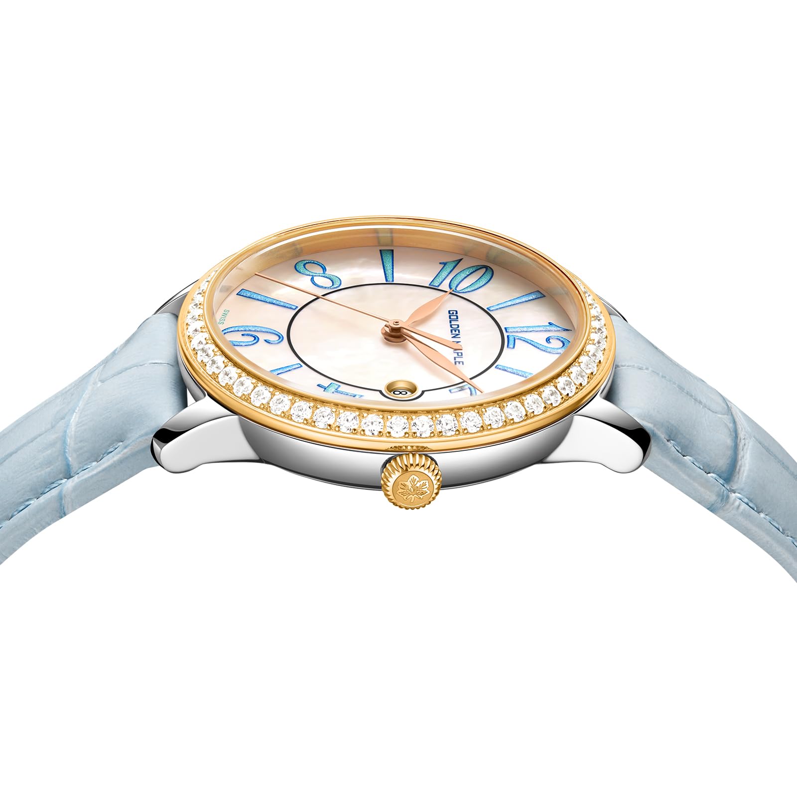 GOLDEN MAPLE Relojes delicados para mujer, esfera de nácar y movimiento de cuarzo suizo, reloj de mujer con correa de cuero