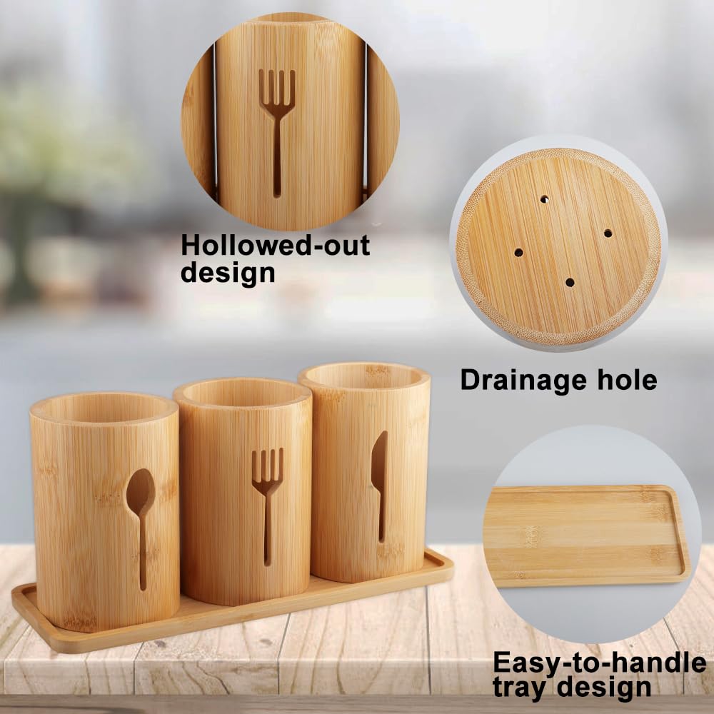 Porta-Utensili da Cucina, 3 Scomparti Per Utensili Da Cucina In Legno Portautensili in Bambù per Stoccaggio di Cucchiai, Forchette, Coltelli e Utensili da Cucin