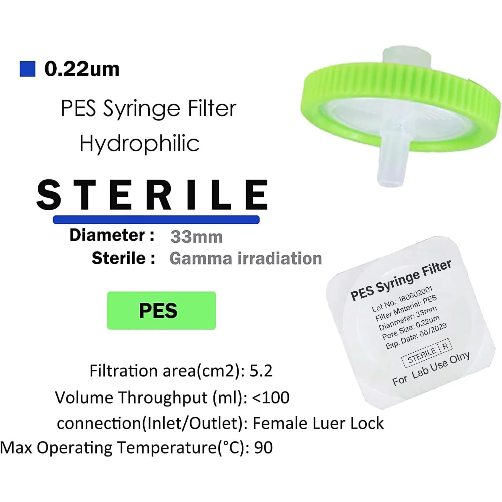 50 Pack 33mm Sterile PES Syringe Filter 0.22um, Individually Packed — Amazon image 2