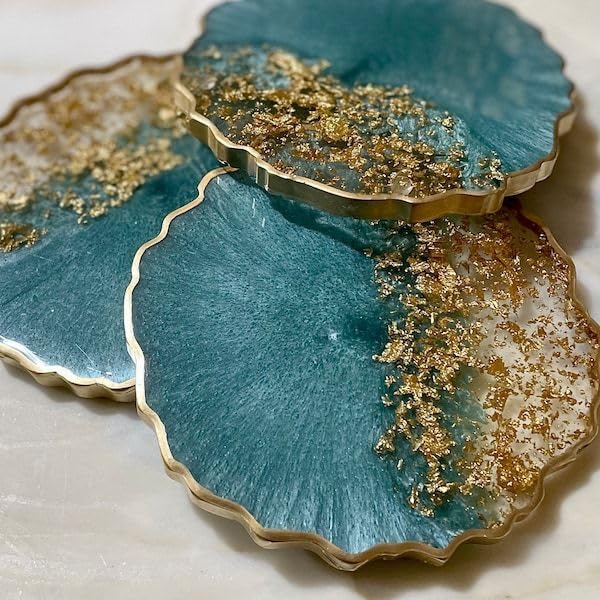 Elegant Resin Coasters with Gold Flakes, Teal Blue Ocean Wave Design, Scalloped Edge, Set of 3-image-25