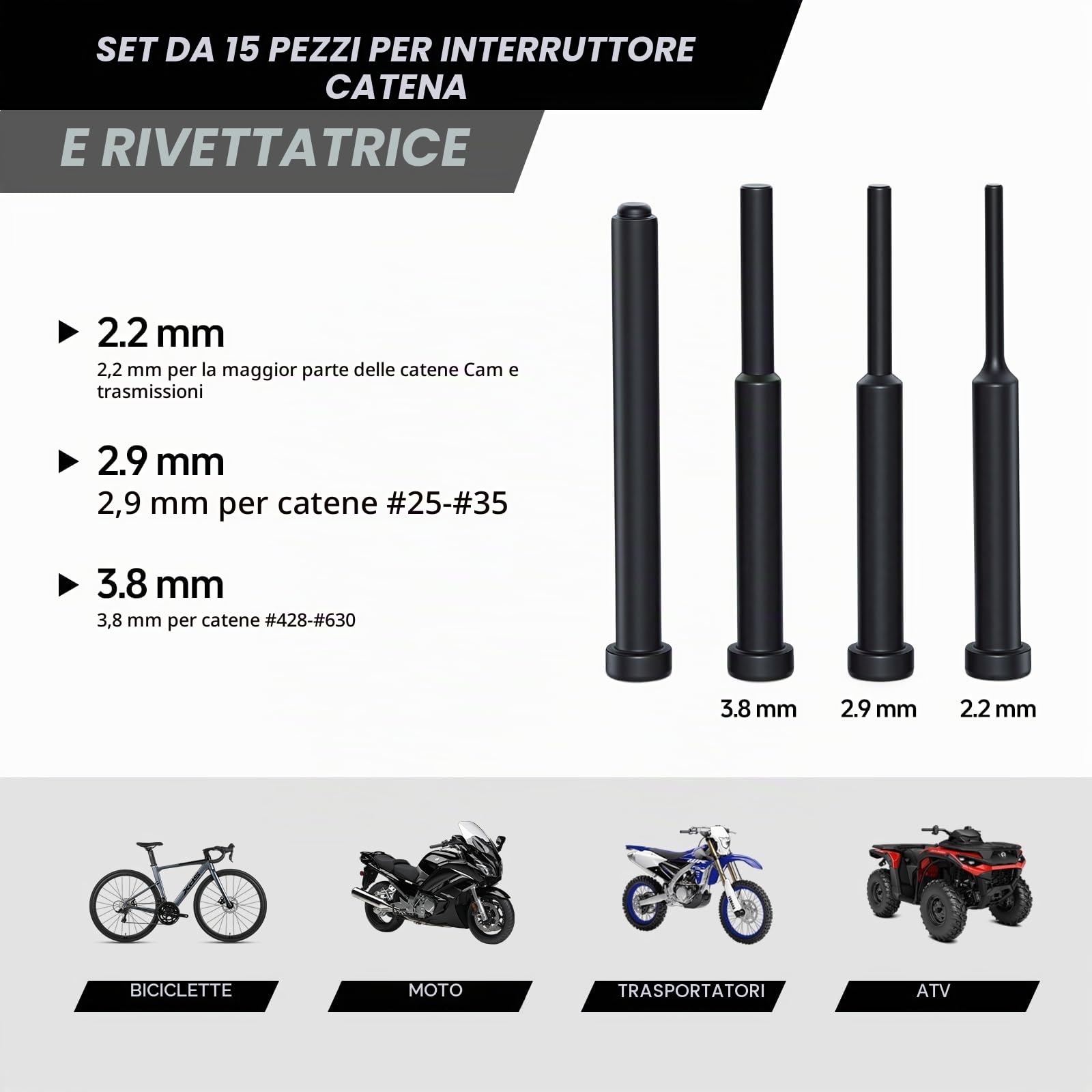 13 Pezzi Kit Catena Moto pezzi per sstrumento di rimozione catena e kit rivettatrice per camma e catene da 25 a 630