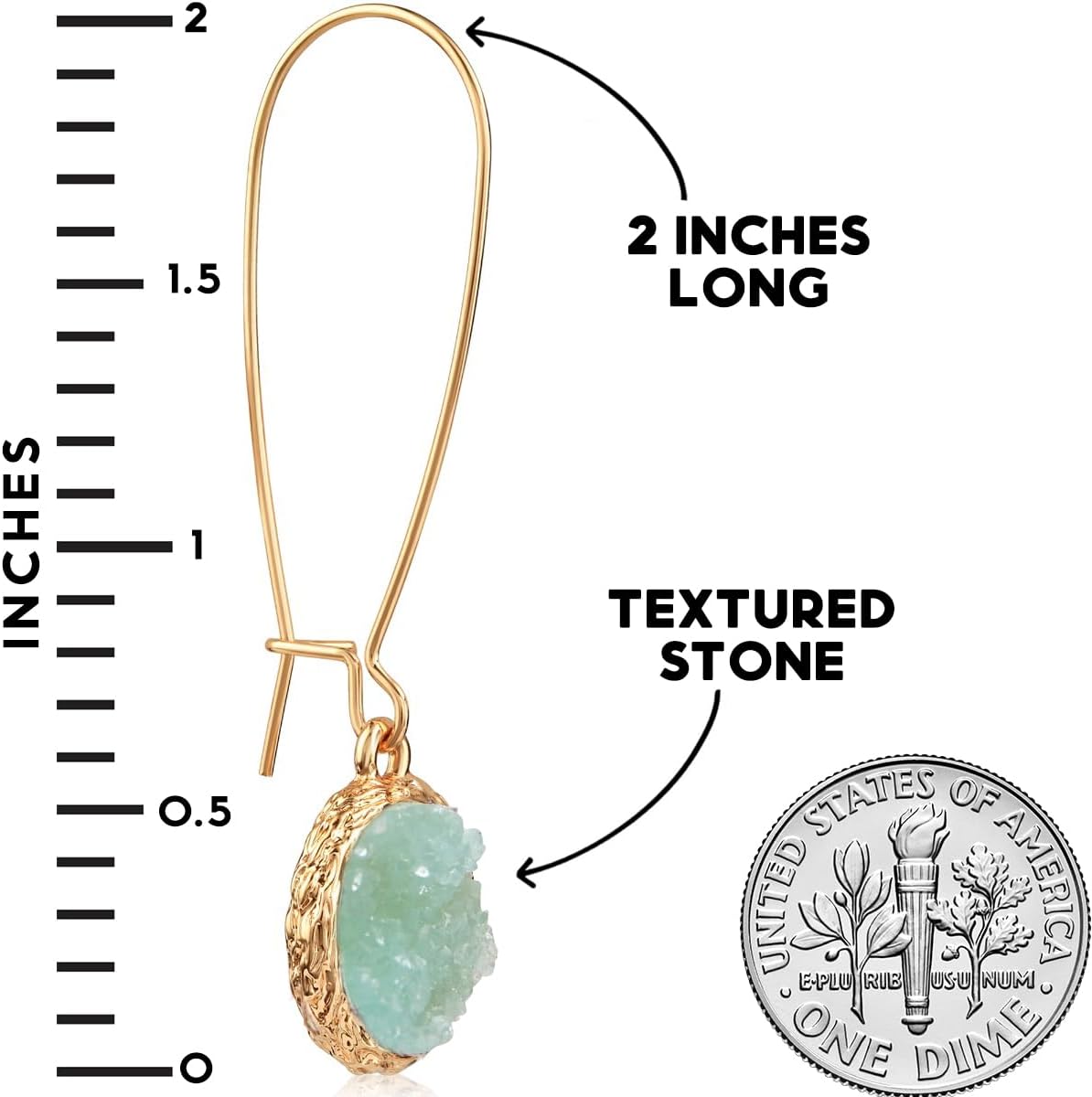 Simulated Druzy Threader Drop Earrings for Women - Gold, Silver, or Rose Gold Tone Trendy Boho Dangles with Sparkly Round Stone