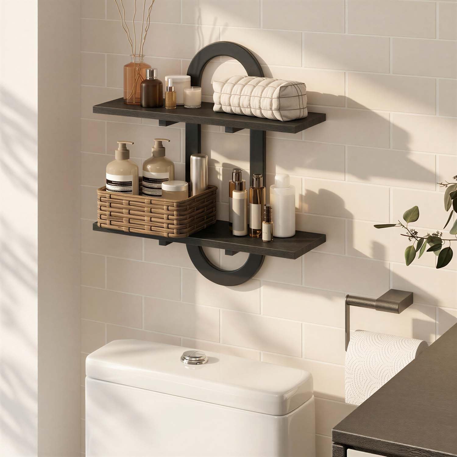 Floating Shelves, 2Pcs Wall Mounted Shelves with 2-Tier Bathroom Hanging Storage Shelves Set for Living Room Bedroom Bathroom Office Kitchen, Black