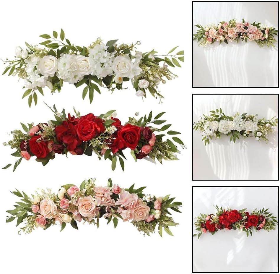Flower Wreath, Lifelike Silk Roses Spring Summer Wreath Wedding Arch Flower Swag Door Wreath for Front Door Wedding Party Decoration(red)