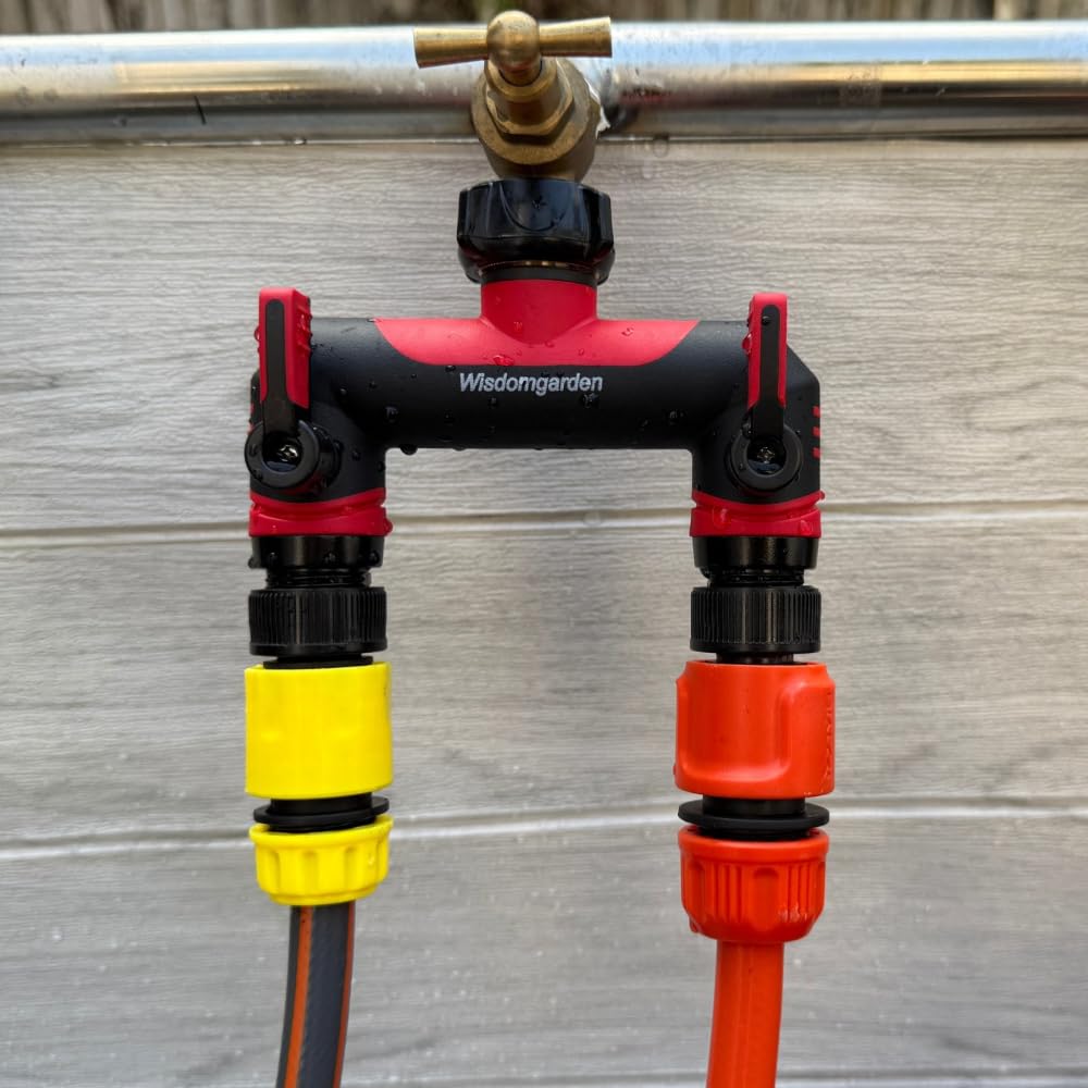 Wisdomgarden Distributore a 3 Vie, distributore dell'Acqua a 3 Vie, Collegamento simultaneo di 3 dispositivi al Rubinetto, Adatto per interruttori di irrigazione e Tubi dell'Acqua, Rosso con Nero