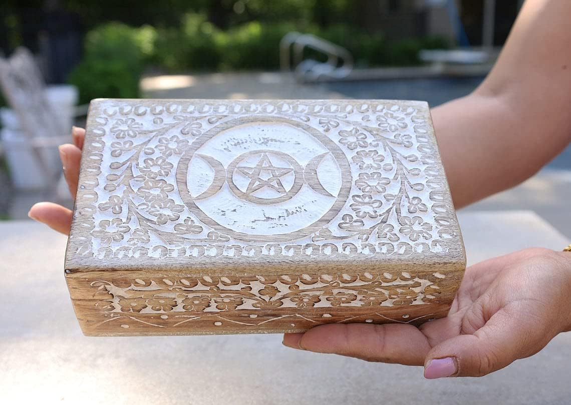 DharmaObjects Triple Moon Hand Carved Jewelry Trinket Keepsake Wooden Storage Box (Purple, Large)