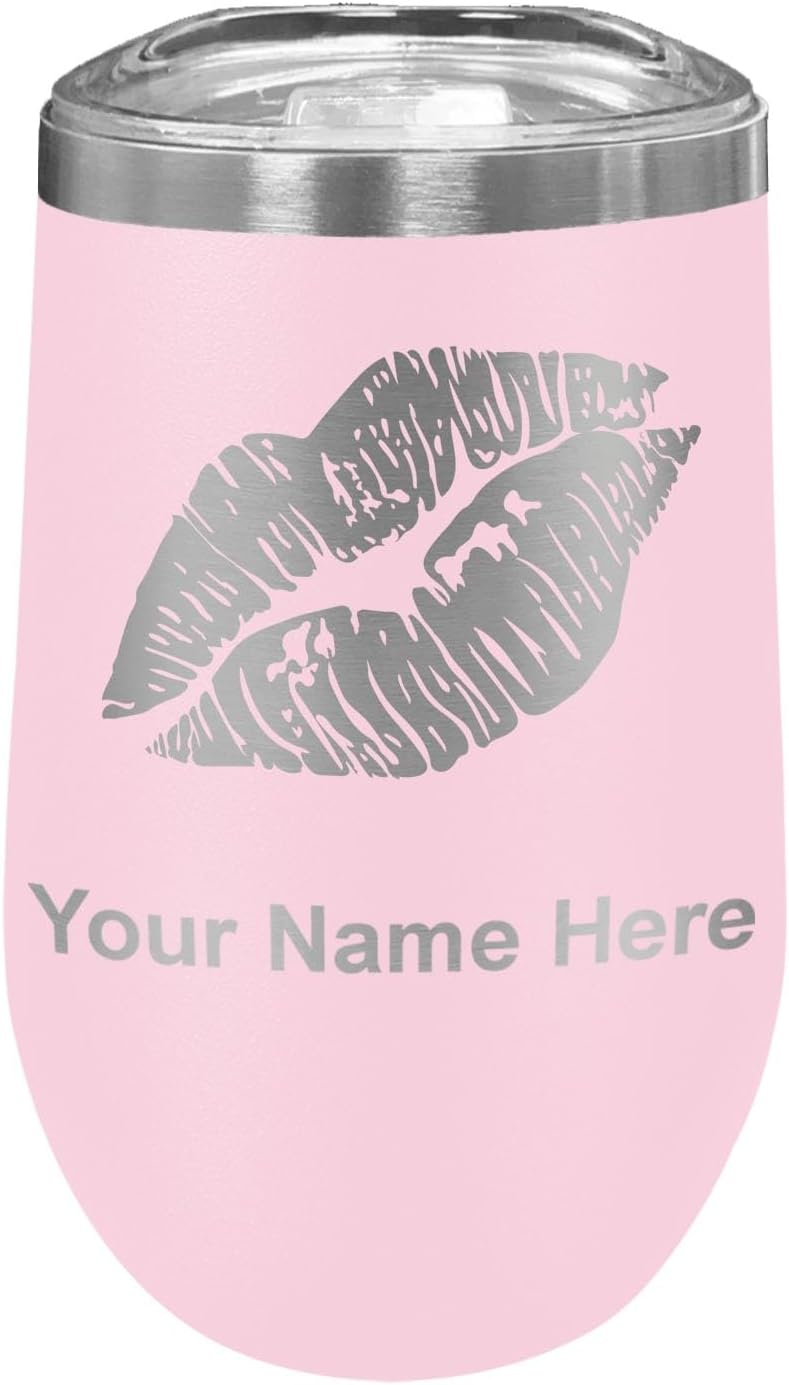 LaserGram 16oz Double Wall Stainless Steel Wine Glass Tumbler, Lipstick Kiss, Personalized Engraving Included (Red)