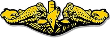 Gold Officer Submarine Warfare Dolphins Shaped Sticker Navy Naval Logo Insignia sub Vinyl Decal for car Truck or Laptop 2.5 x 7 inch USN Licensed