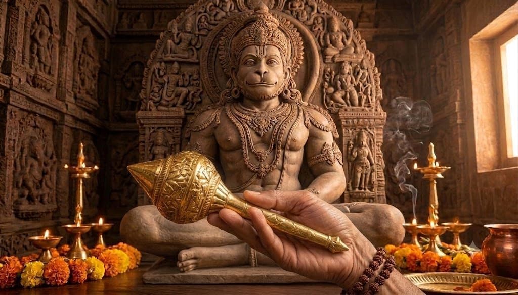 Pure Brass Hanuman Ji Gada Sotta Bajrangbali Mace for Home, Temple, Pooja Room & Office Décor, Religious Gift, Showpiece - Pack of 1 (9 Inches Approx.)