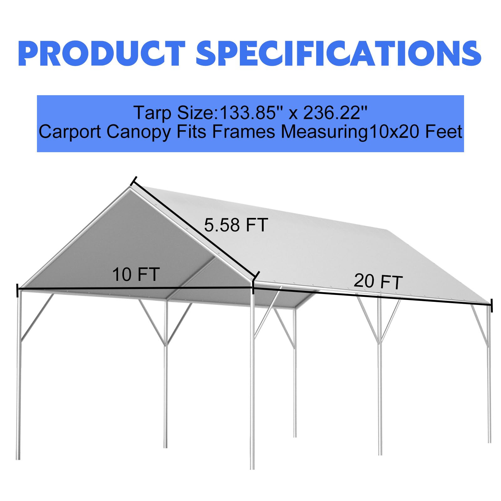 Canopy Replacement Cover for 10' x 20' Carport Frame, 200G Heavy Duty Replacement Top Cover for Car Garage, Waterproof & UV Protected Tarp with 48 Ball Bungees (Only Cover, Frame Not Included), White