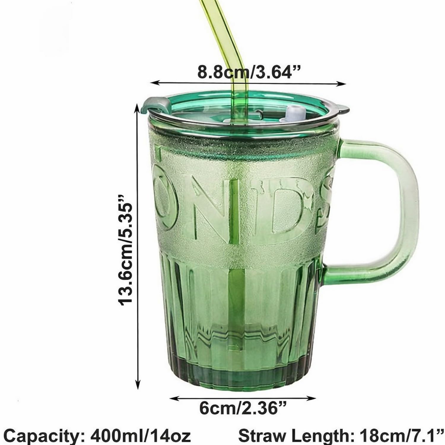 UGU ZONE Glass Mug with Lid & Glass Straw 400 ml, Reusable Glass Tumbler Sipper Bottle with Leakproof Lid for Coffee Tea Milk Smoothies Juice, Travel Office Mug (Green, Set of 1) 2