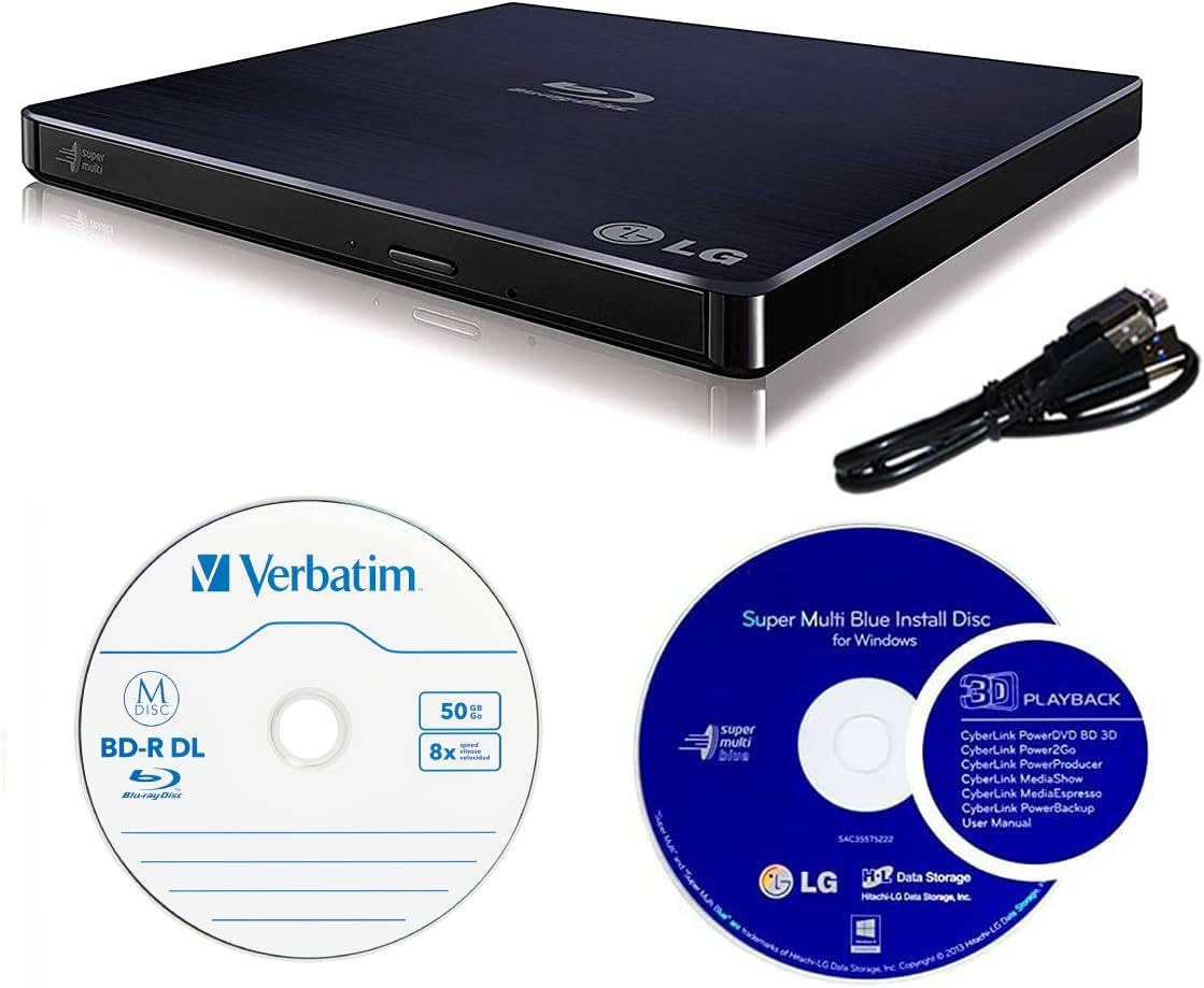 LG 6X WP50NB40 External Portable Blu-ray Burner in Retail Box Bundle with 50GB Verbatim M-Disc BD-R DL and Cyberlink Burning Software