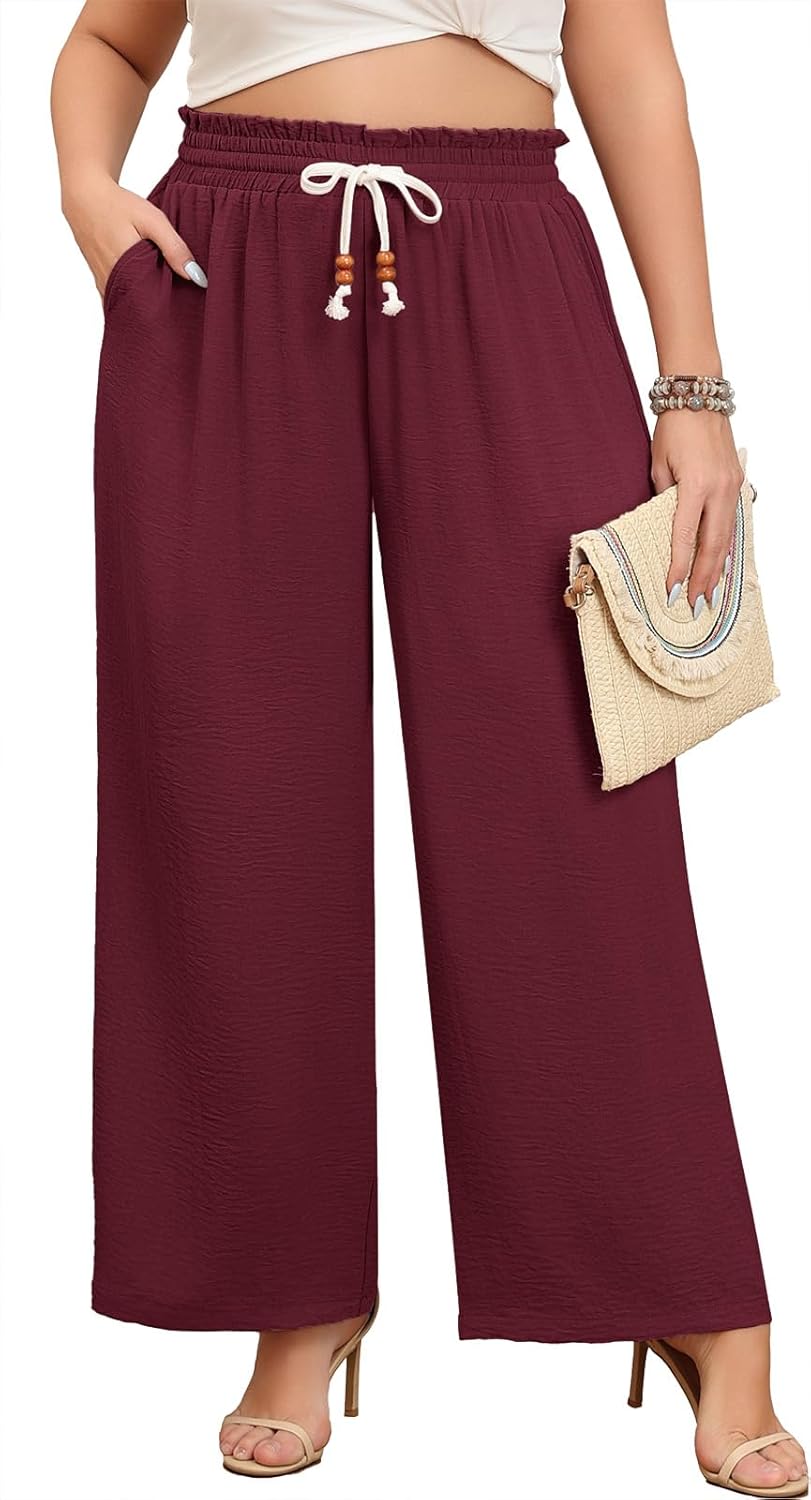 Lastshe Plus Size Wide Leg Pants for Women Elastic High Waisted Drawstring Loose Lounge Long Palazzo Trousers with Pockets
