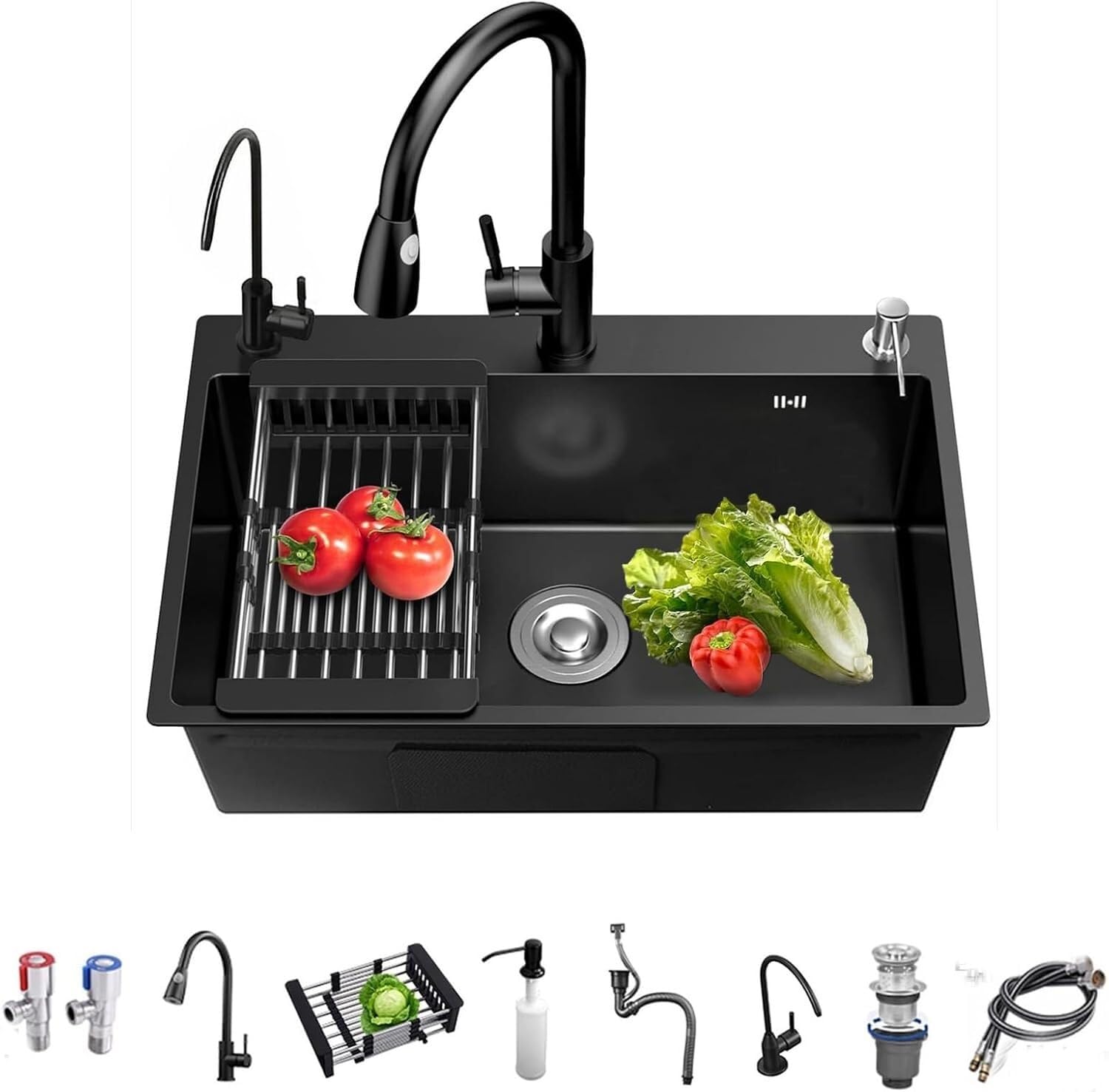 Évier en acier inoxydable cuve profonde avec robinet extractible mitigeur de cuisine design