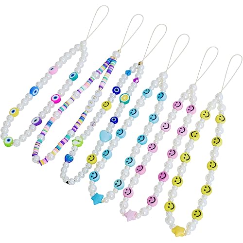 Vatogon Beaded Phone Strap Y2K Beaded Phone Charms Smiley Face Fruit Star Letter Pearl Handmade Rainbow Acrylic Polymer Clay Beads Keychain for Women Girls