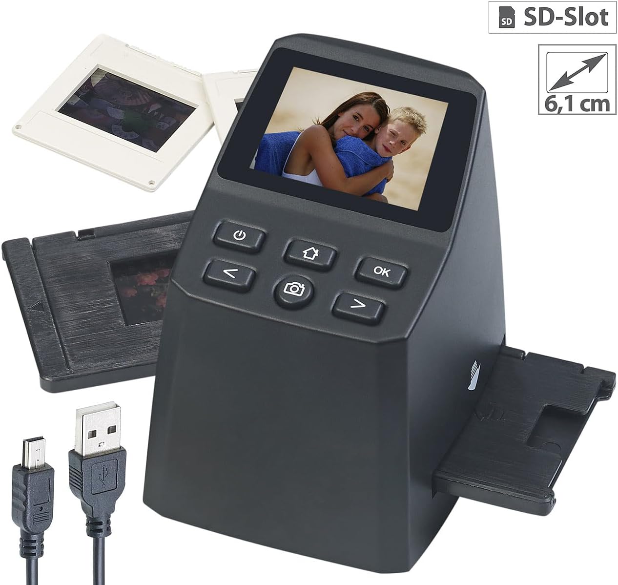 Somikon SD-950 scanner with included accessories: USB cable, power adapter, slide holder, and negative film holder.