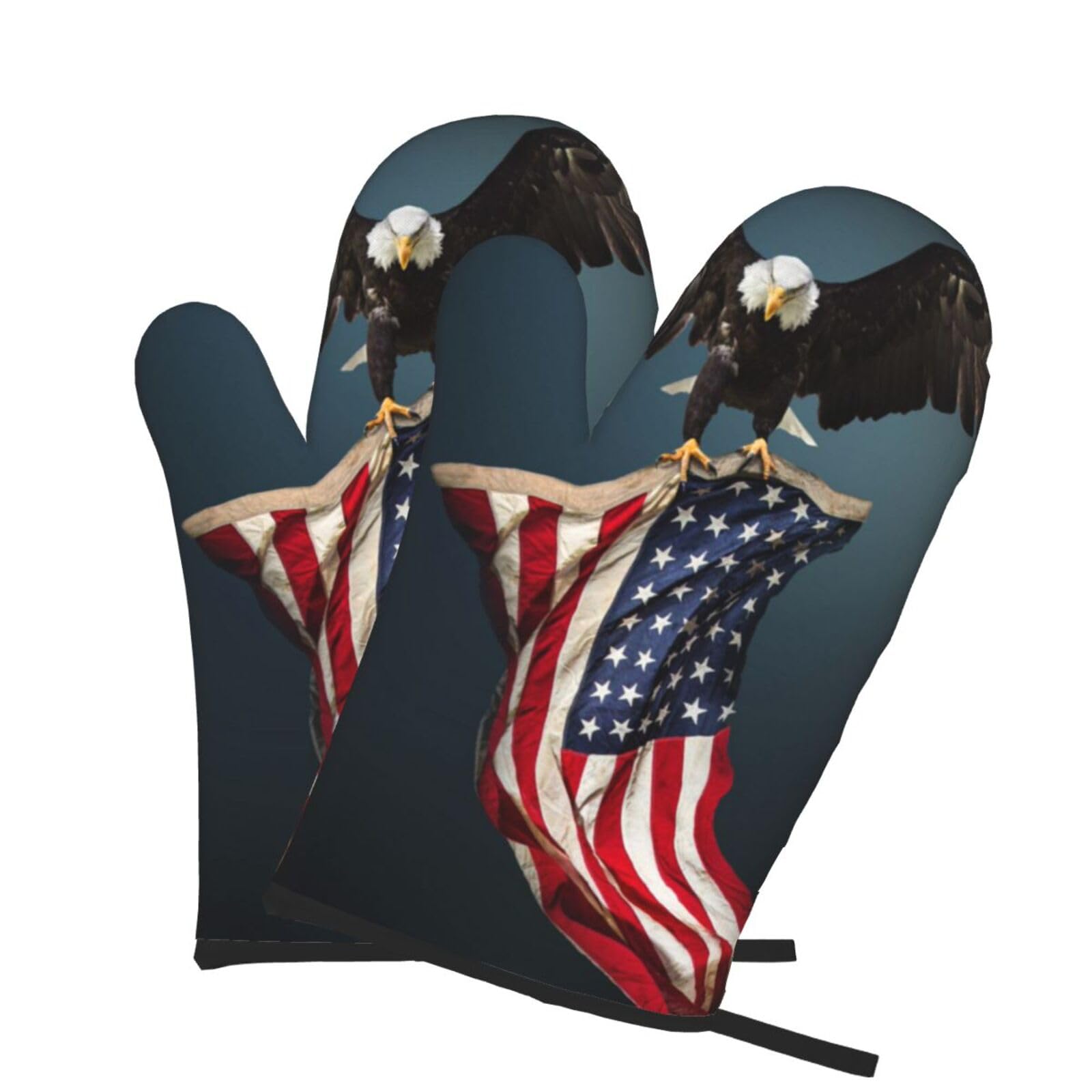 Oven Mitts Set of 2 Pcs, 3D Bald Eagle Flying with American Flag Prints Heat Resistant Kitchen Gloves for Cooking Baking Grilling