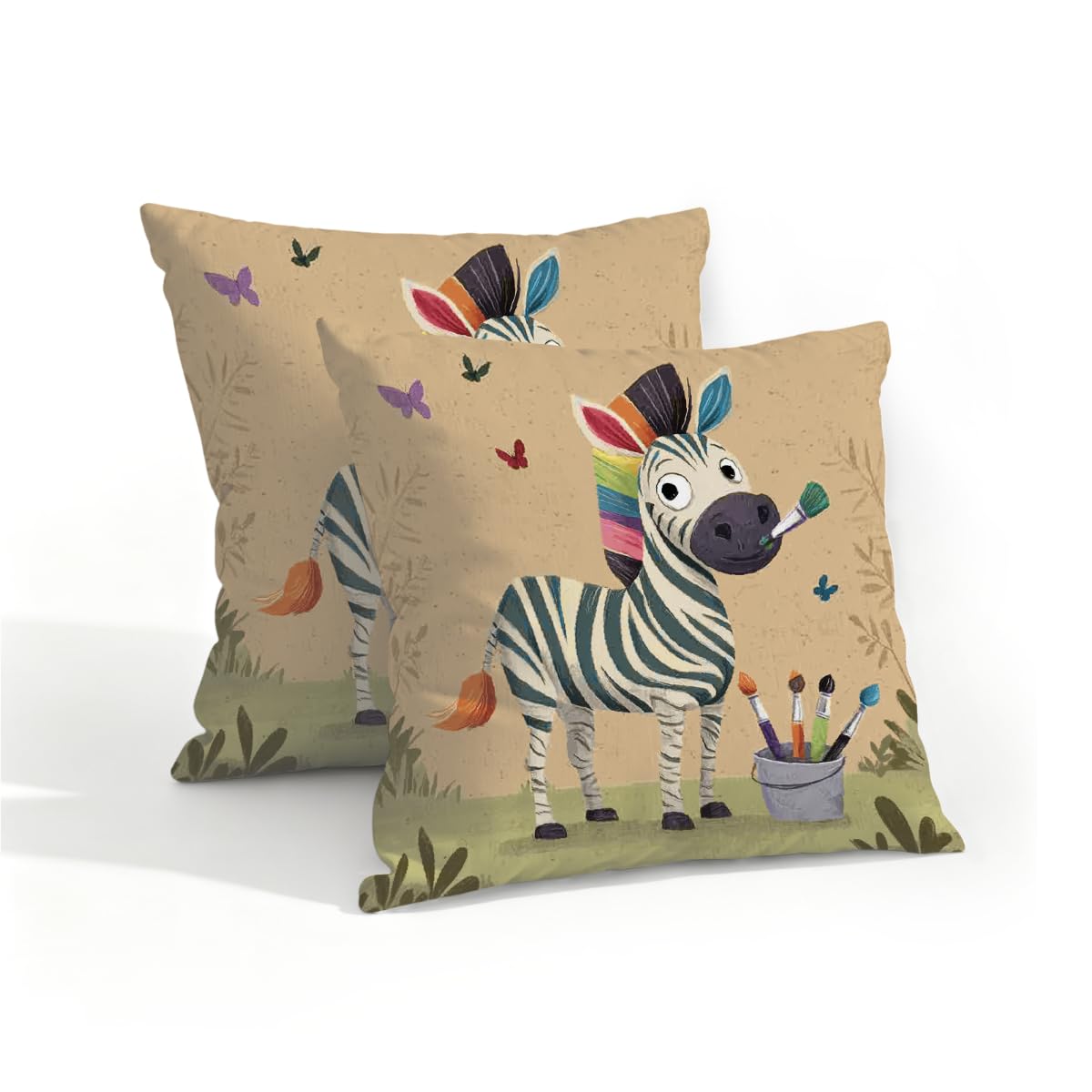 Outdoor Pillow Covers Waterproof Pillowcases 16x16in Set of 2 Cartoon Zebra Painter Decorative Throw Cushion Case for Couch Sofa Garden Patio Furniture