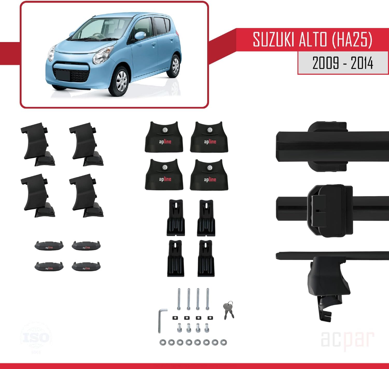 Compatible with Suzuki Alto (HA25) 2009-2014 ACE-4 Car Roof Rack Cross Bar Black Aluminium 2 Bars