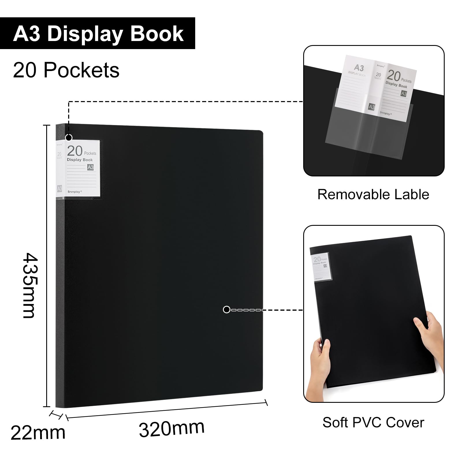 Srvnpioy A3 Display Book 20 Pockets, 2 Pack, 40 Sheet Capacity, Transparent Pockets - Image 2