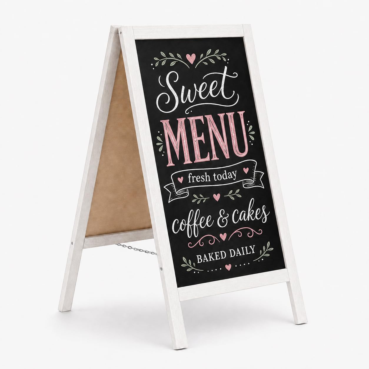 MG Design Pizarra caballete de madera 60 × 120 cm – pizarra negra de doble cara con marco blanco, plegable y fácil de limpiar, ideal para menú de bar, restaurante o tienda