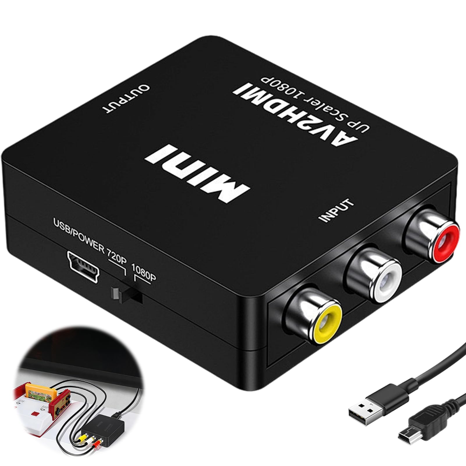 Konwerter RCA na HDMI 1080P, adapter RCA na HDMI z kablem USB, Mini AV Composite CVBS Video Audio Converter Adapter, obsługuje PAL/NTSC/SECAM, dla Xbox 360 PS1 PS2 WII VHS Camera, Plug & Play