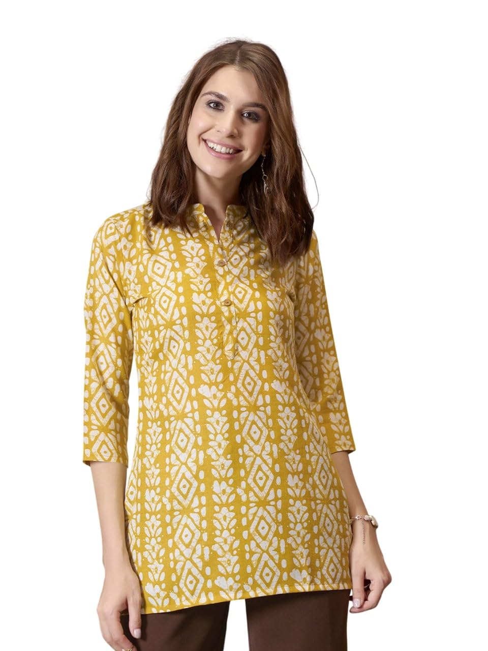 Women Geometric Printed Regular Fit Short Kurti | 3/4th Sleeves | Collared Neck | Cotton | (Regular Fit) |-image-48