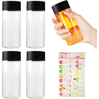 4 Pack Plastic Juice Bottles with 1 Fruit Label Beverage Bottles with Lids Beverage Containers Transparent Drinking Bottles Ideal for Juice Milk Homemade Drinks Black