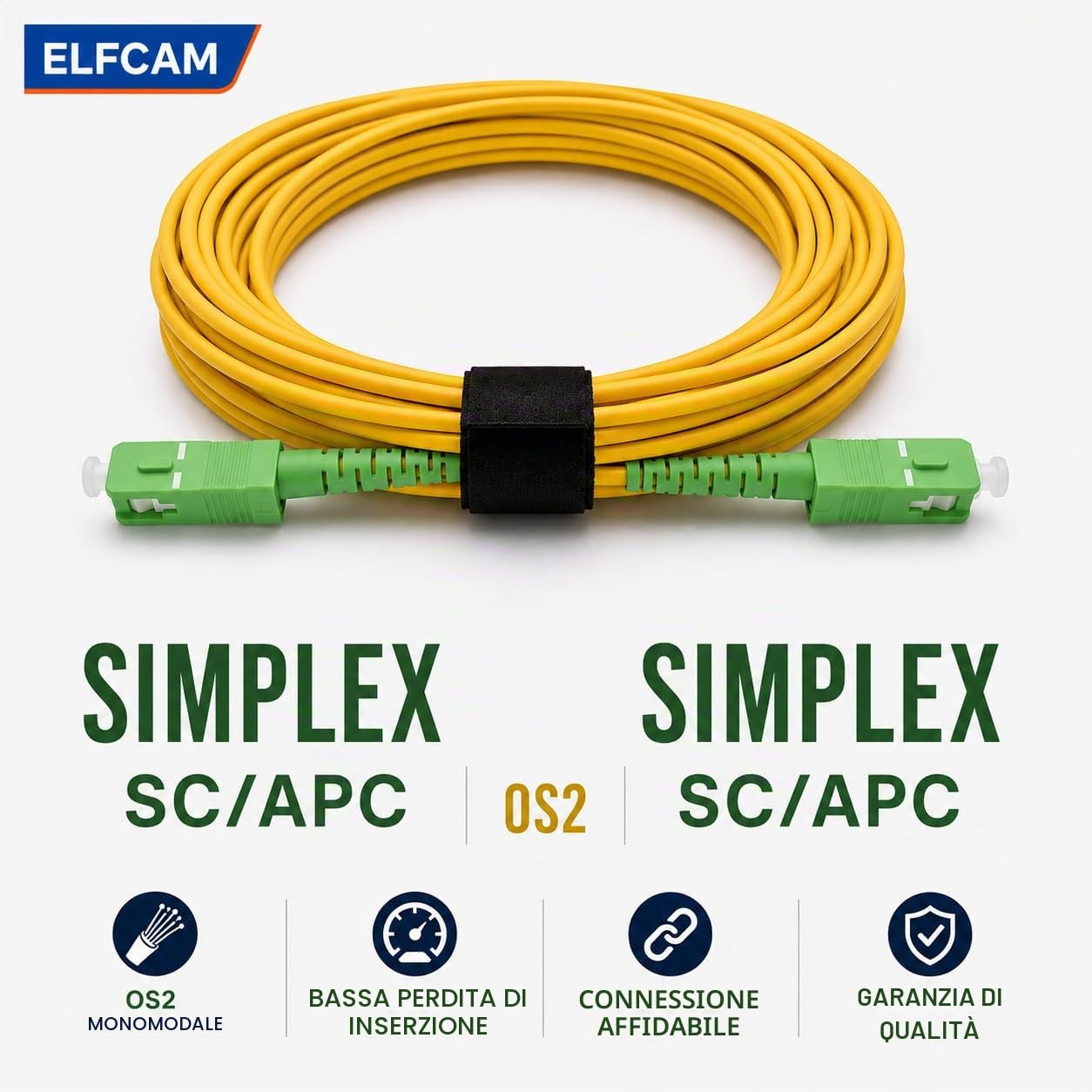 Elfcam - 10m Cavo Fibra Ottica SC/APC per SC/APC Simplex Monomodale 9/125μm LSZH, Giallo per TIM, Vodafone, WindTre, Fastweb, Iliad