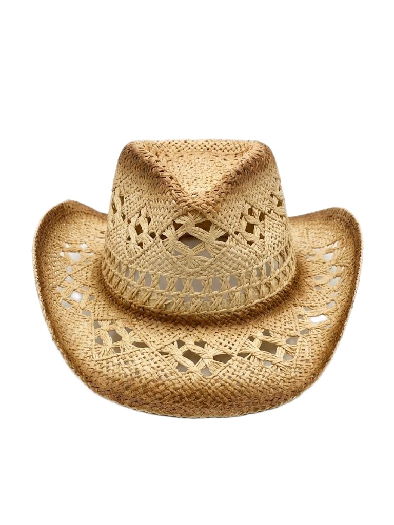 Cappello da Cowboy in Paglia Colore Naturale Beige Chiaro per Donna e Uomo - Cappello Western Estivo Traforato a Tesa Larga per Spiaggia e Viaggi V024
