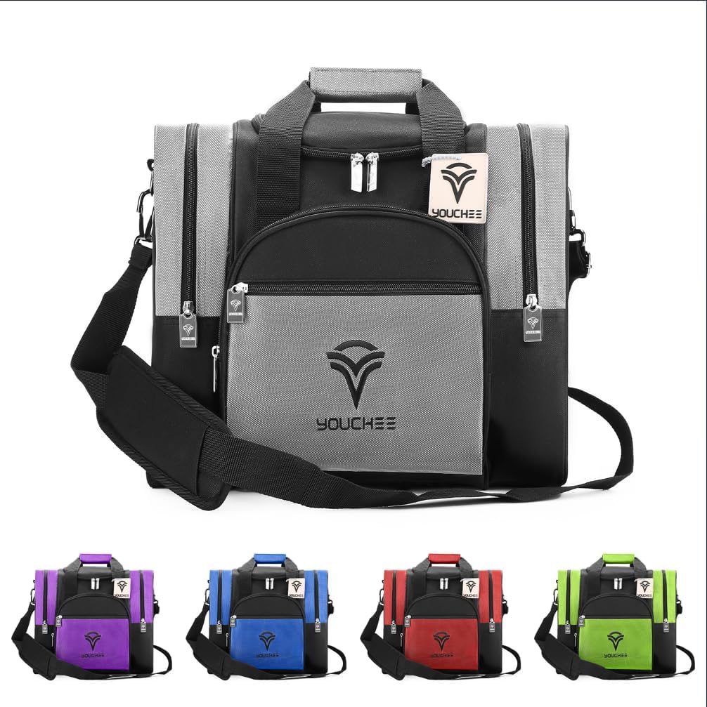 Single Ball Bowling Bag with Padded Ball Cup, Fits Men's Bowling Shoes Up to Size 15, Durable 600D Fabric Bowling Tote with Accessory Pockets for League & Practice