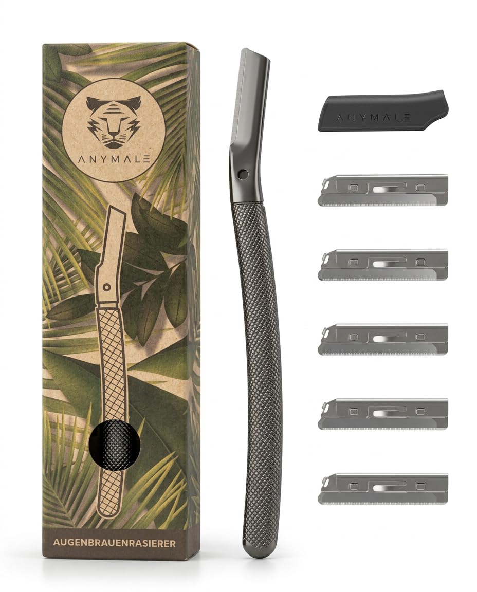 ANYMALE® Augenbrauenrasierer für Damen & Herren Metall inkl. 5 Klingen - Gesichtsrasierer & Gesichtshaarentferner - Augenbrauen-Trimmer & Bart Konturen Rasierer (Eyebrow Dermaplaning Razor)