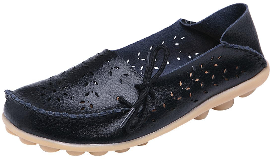 UJoowalk Women's Black Casual Cowhide Leather Hollow Out Driving Loafer Shoes Boat Flats - Size 5.5