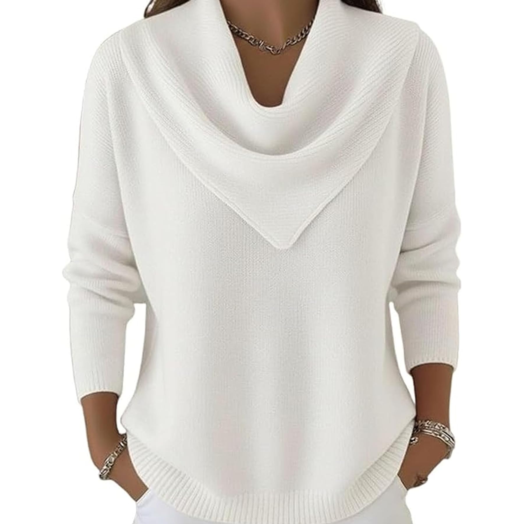 Elegant Retro Soft Triangle Neck Solid Color Sweater Top Cozy Long Sleeve Knit Pullover for Women Winter