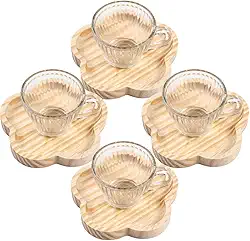 Jogo 4 Xicara Cafe 90ml + 4 Pires Madeira Premium Mesa Posta