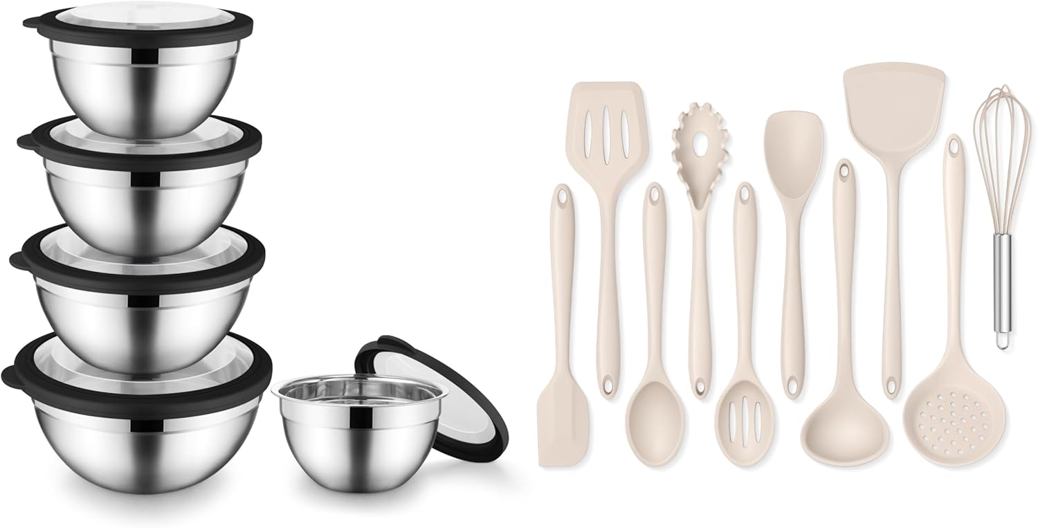 Onader Silicone Cooking Utensils Set of 10, Kitchen Utensils for Nonstick Cookware - Khaki, and Stainless Steel Mixing Bowls with Black Lids Set of 5 - Size 1.5, 2, 2.6, 3.5, 4.6QT