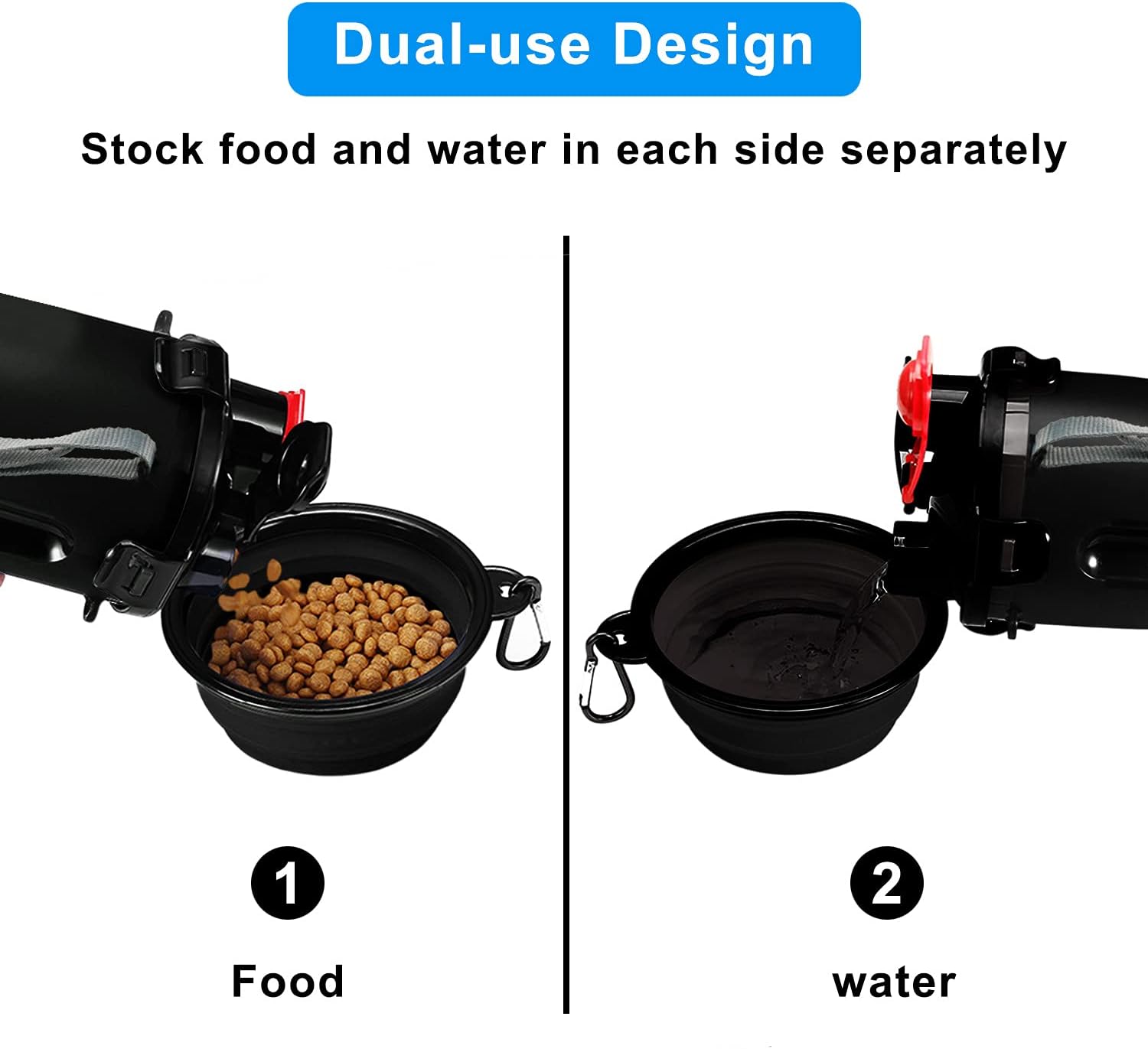 MOACC Bottiglia d'Acqua e Cibo per Cane, Bottiglia Viaggio Portatile con 2 Pieghevole Ciotola per Passeggiare, Viaggio, Turismo A Piedi, Campeggio (Nero) - Immagine 2