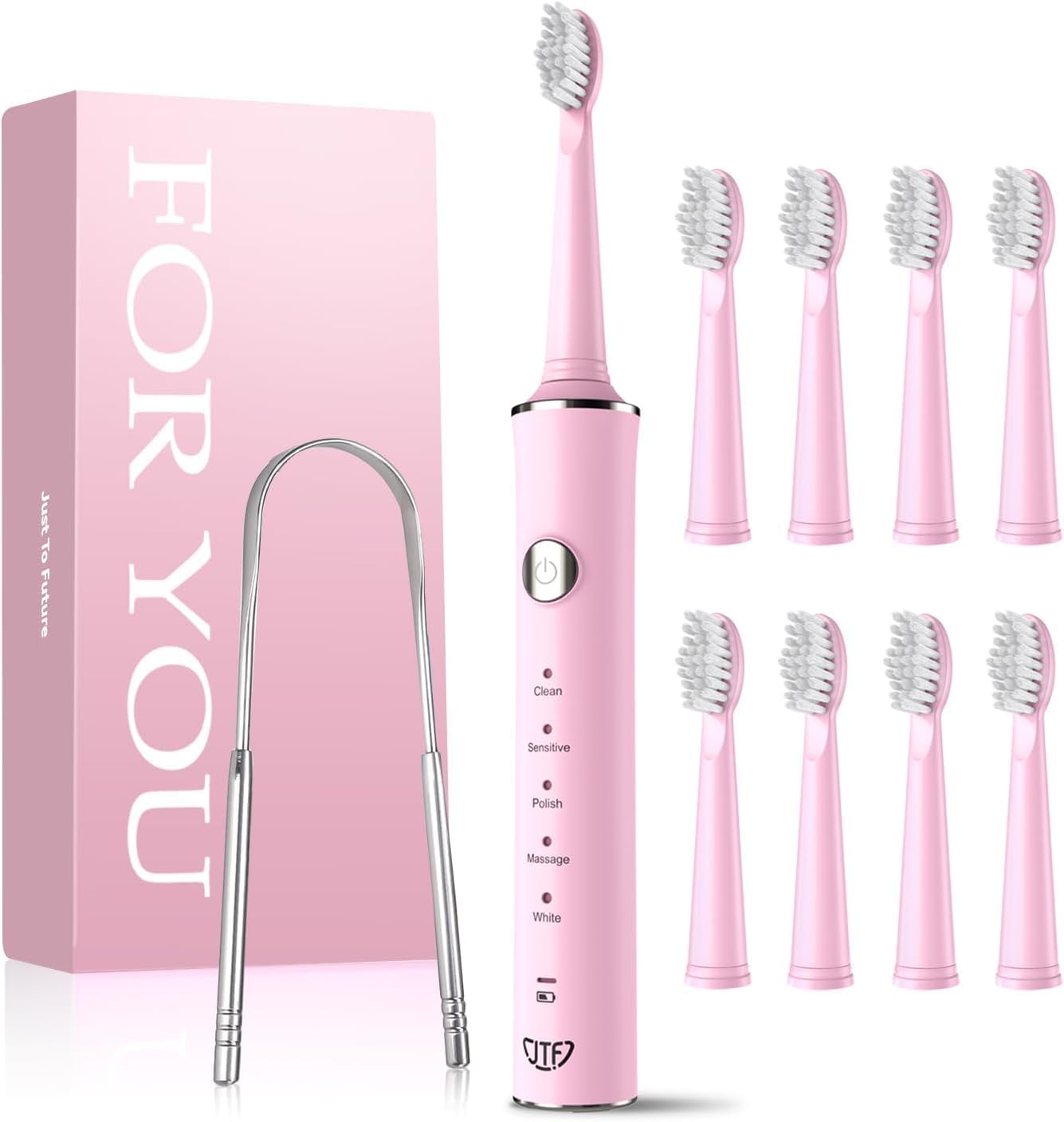 JTF cepillo de dientes eléctrico sónico rosa con limpiador de lengua 8 cabezales y 5 modos