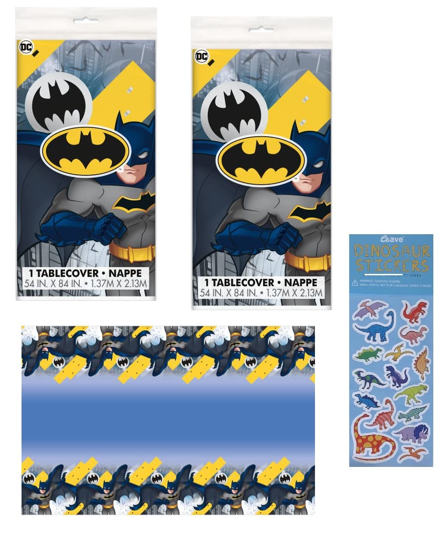 Unique Batman Birthday Party Supplies Bundle Pack Includes Plastic Table Covers - 2 Pack and 1 Dinosaur Sticker Sheet