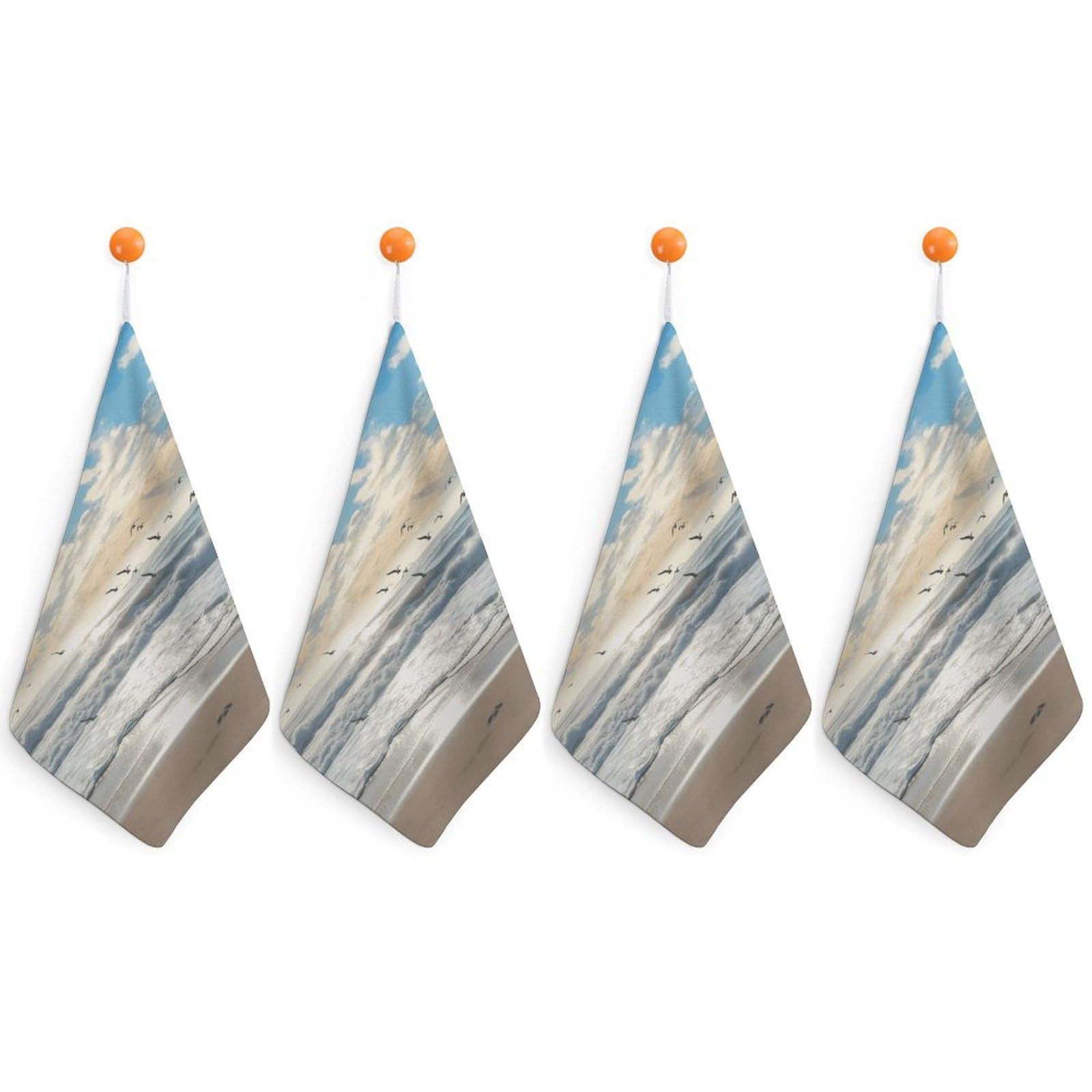 LDGSUPH Waves on The Beach with Sea Birds Hand Towels Fashion Hand Face Towel with Hanging Strap Absorbent Soft Decorative Towel Fade Resistant Cozy Face Cloths for Kitchen Gym Bathroom Towels 4PCS