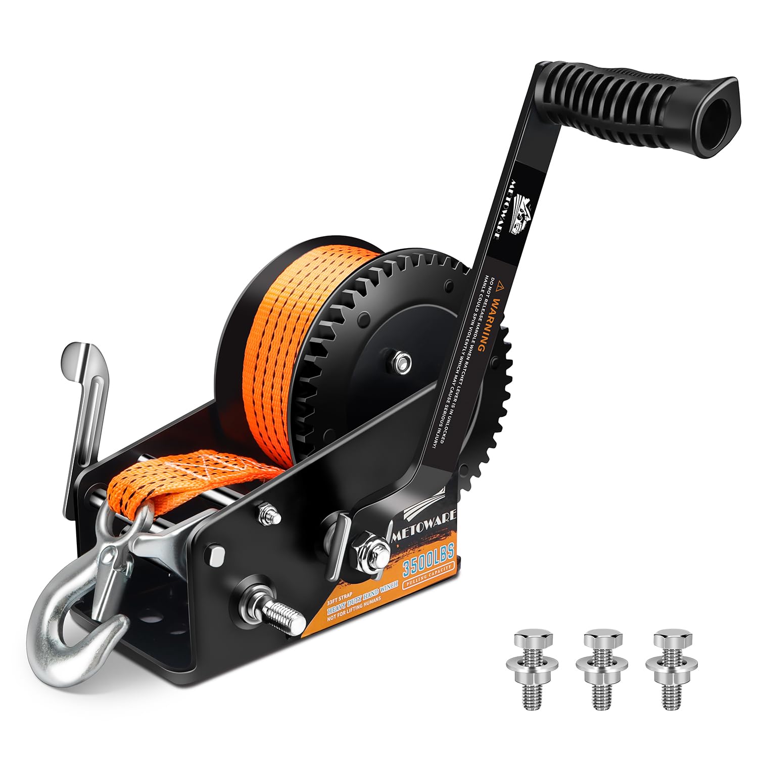 METOWARE Boat Trailer Winch 3500lbs Capacity with 33 Ft(10M) Polyester Orange Strap Heavy Duty Hook 2-Way Ratchet 4:1/8:1 Gear Portable Hand Winch for Trailers Trucks ATVs Boat-Black