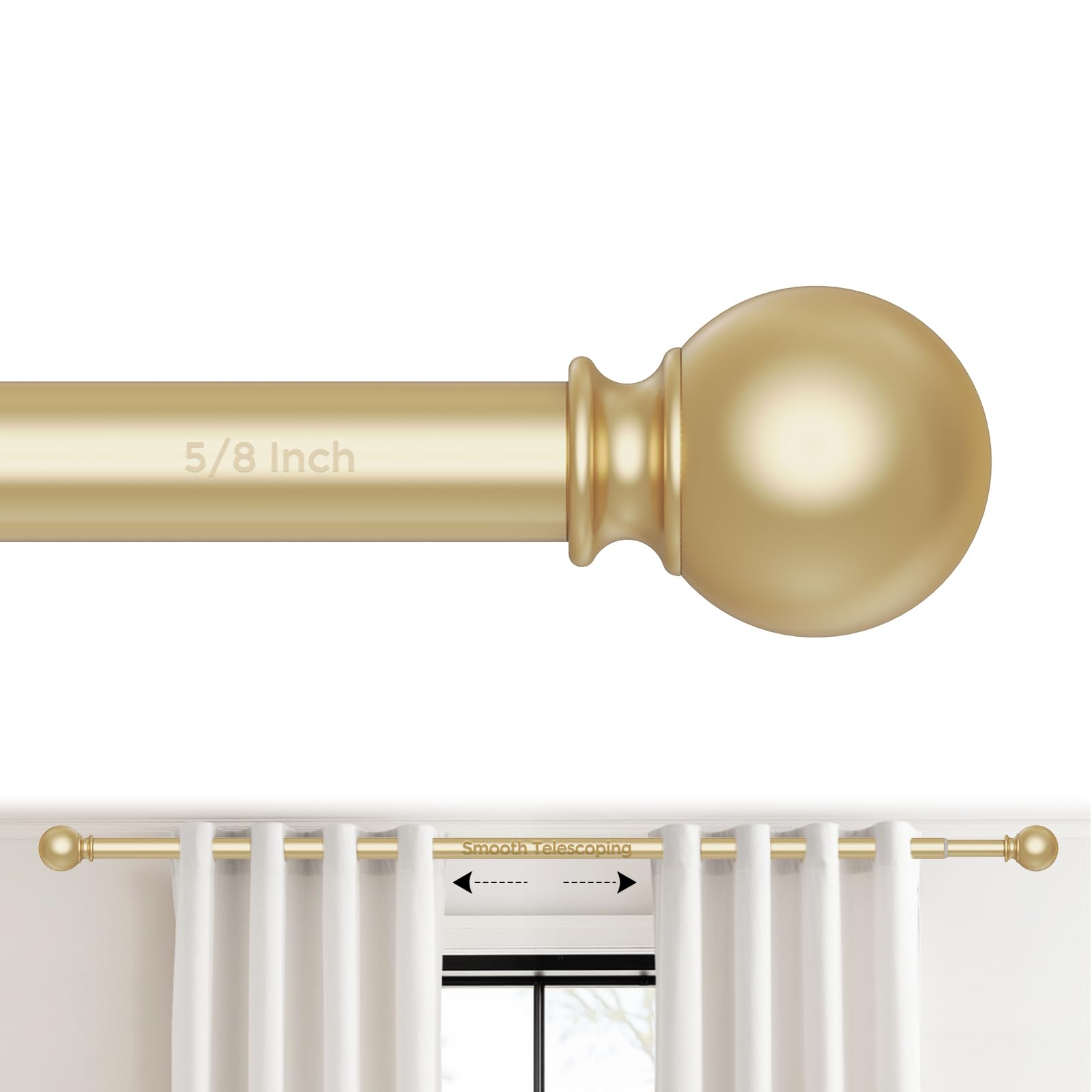 Gold Curtain Rods, Curtain Pole for Window 18 to 60 Inch(1.5-5 Feet), 5/8 Inch Decorative Drapery Pole, Gold Splicing Curtain Rod Set, Size: 18"-60",