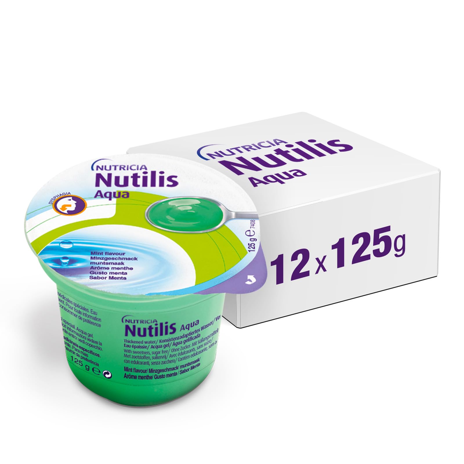 NUTILIS AQUA GEL - Acqua Gelificata per la Gestione Dietetica della Disfagia, Senza Zucchero, Glutine e Lattosio, Alimento a Fini Medici Speciali, Gusto Menta - 12 x 125g