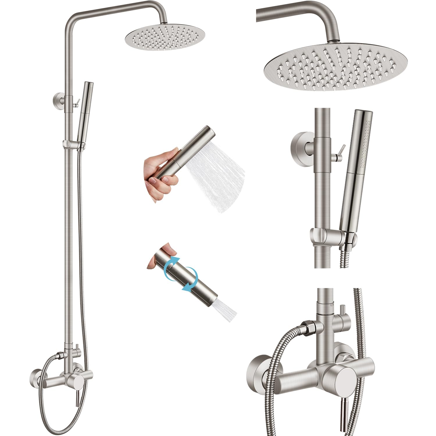 Midanya Outdoor Shower Fixture Set Brushed Nickel 8 Inch Rainfall Shower Head with 2 in 1 Cylinder Handheld Spray Wall Mount Adjustable Slide Bar SUS 304 Stainless Steel One Handle Shower Faucet