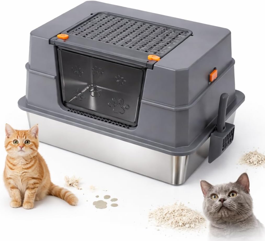 Stainless Steel Cat Litter Tray XXXL with Lid, 70 x 50 x 43 cm