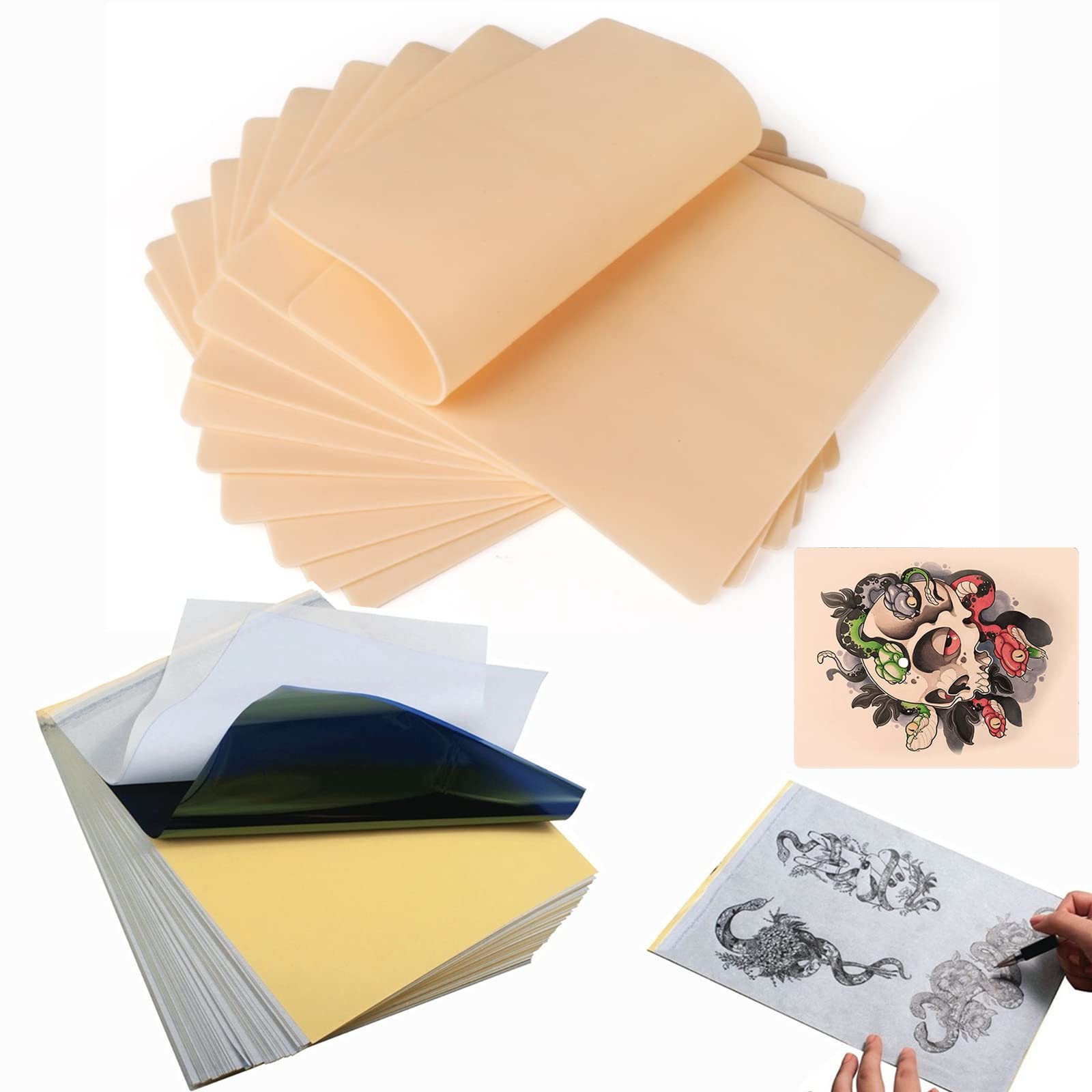 SOTICA Tattoo Fake Skin Practice Kit - 8PCS Tattoo Practice Skins and 15PCS Tattoo Transfer Paper Tattoo Skin Fake Skin Tattoo Stencil Paper Kit for Tattoo Supplies (all 23pcs)