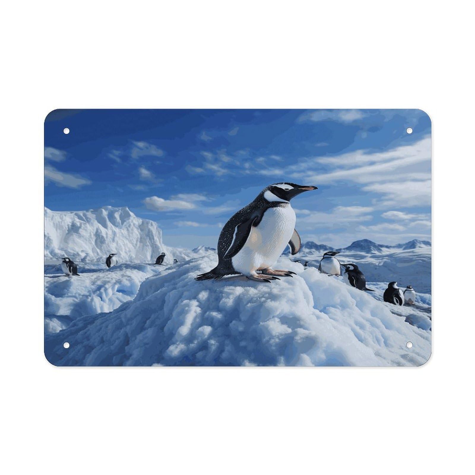LDGSUPH Snow Mountain Penguin Metal Tin Sign Wall Art Prints Folded Edge Iron Sheet Painting with Holes for Wall Prints Decorative Picture Metal Signboard Decor Painting Wall Decor